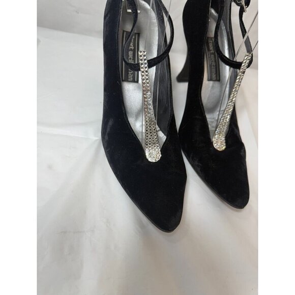 Stuart Weitzman Black velvet Slingback Heeled Pumps Size 9.5 with Rhinestones - Picture 6 of 14
